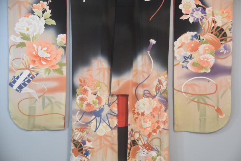 Black Wisteria Japanese Silk Furisode Kimono - Image 13