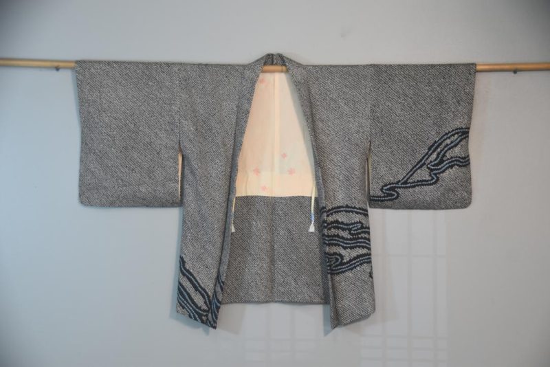 Blue Streams Vintage Black Silk Shibori Haori Jacket