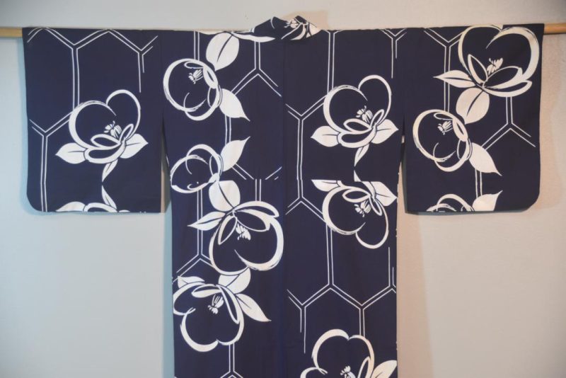 Dynamic Flowers Blue and White Vintage Japanese Cotton Yukata - Image 4