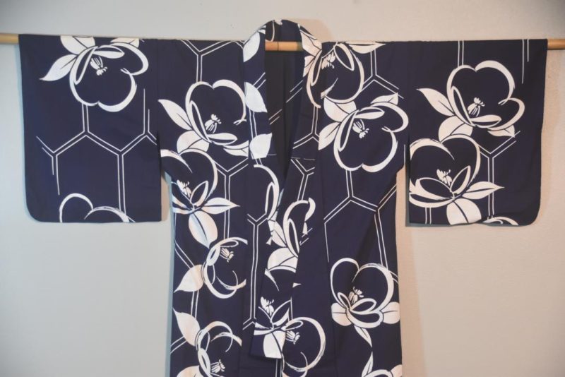 Dynamic Flowers Blue and White Vintage Japanese Cotton Yukata - Image 6