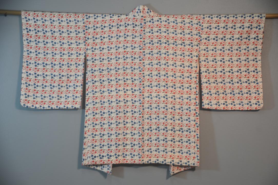 Blue Red Flowers Vintage Japanese Haori Jacket - Image 3