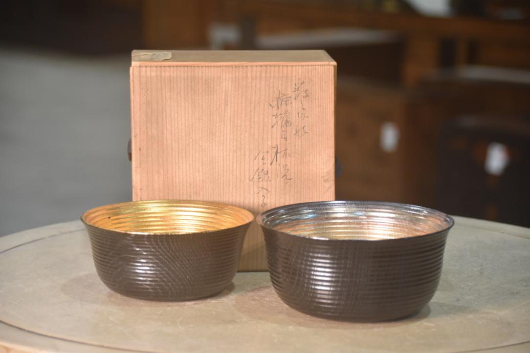 Wooden Bowl Set of 2 - Silver & Gold in a Wooden box Width:150mm