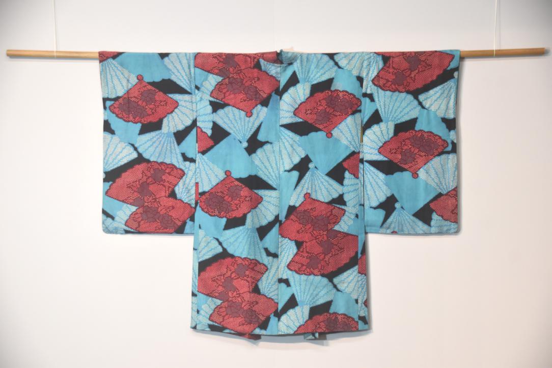 Rare Blue & Red Fan Silk Vintage Haori Jacket - Image 8