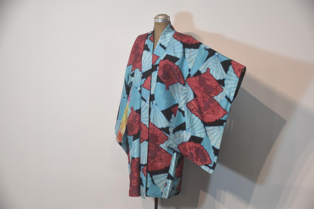 Rare Blue & Red Fan Silk Vintage Haori Jacket - Image 6