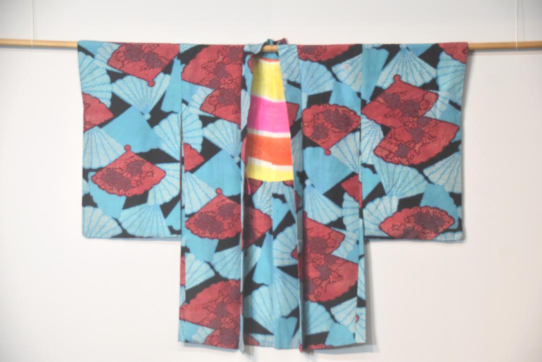 Rare Blue & Red Fan Silk Vintage Haori Jacket