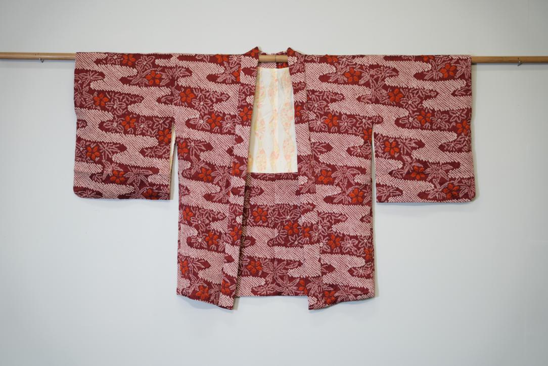 Japanese Crimson Clouds Silk Shibori Vintage Haori Jacket