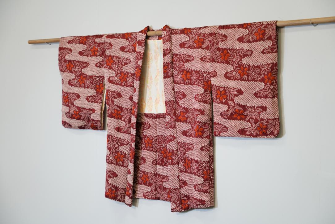 Japanese Crimson Clouds Silk Shibori Vintage Haori Jacket - Image 3