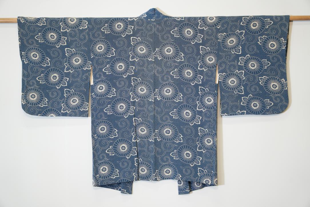 Blue Denim Flowers Vintage Silk Haori Jacket - Image 4