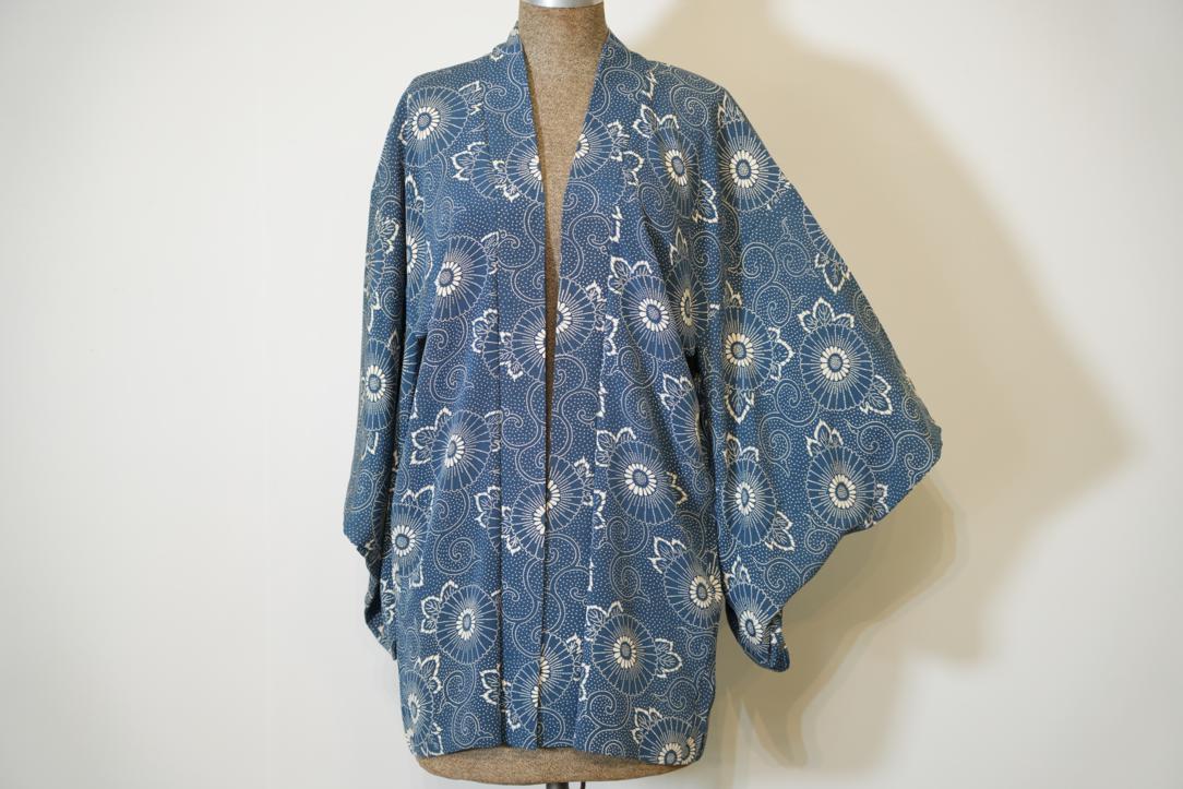 Blue Denim Flowers Vintage Silk Haori Jacket - Image 5
