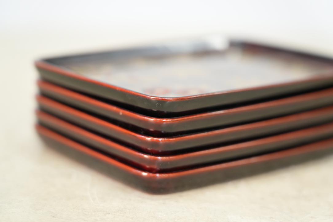 Set of 5 Japanese Lacquered Wood Plates Autumn Foliage and Flowers - Image 2