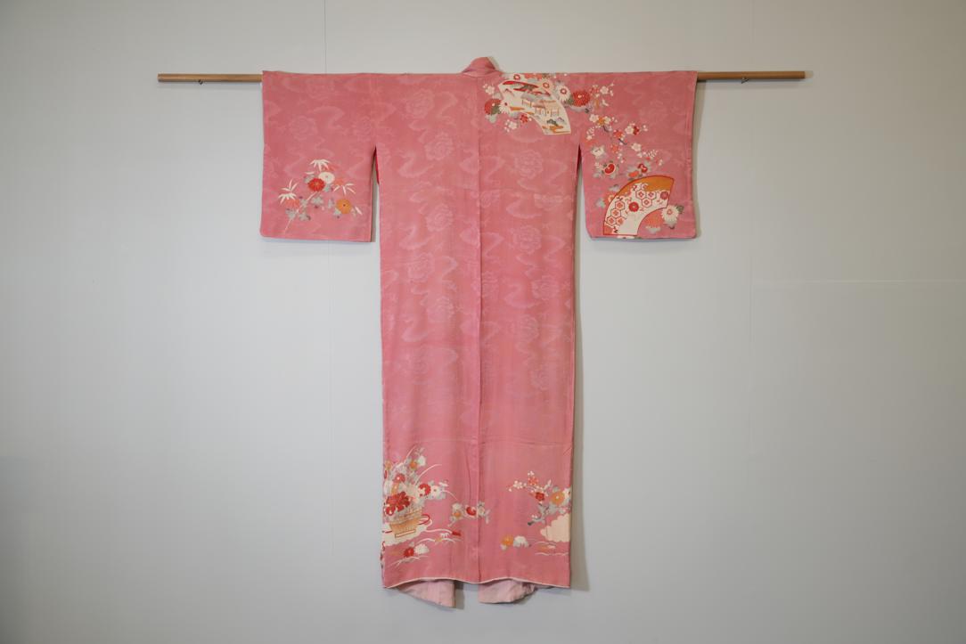 Fans and Flowers Pink Jacquard Japanese Silk Kimono