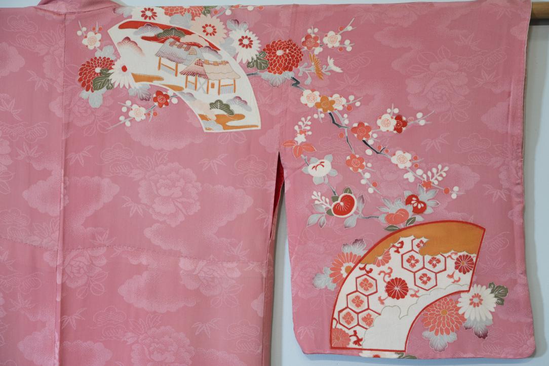 Fans and Flowers Pink Jacquard Japanese Silk Kimono - Image 4