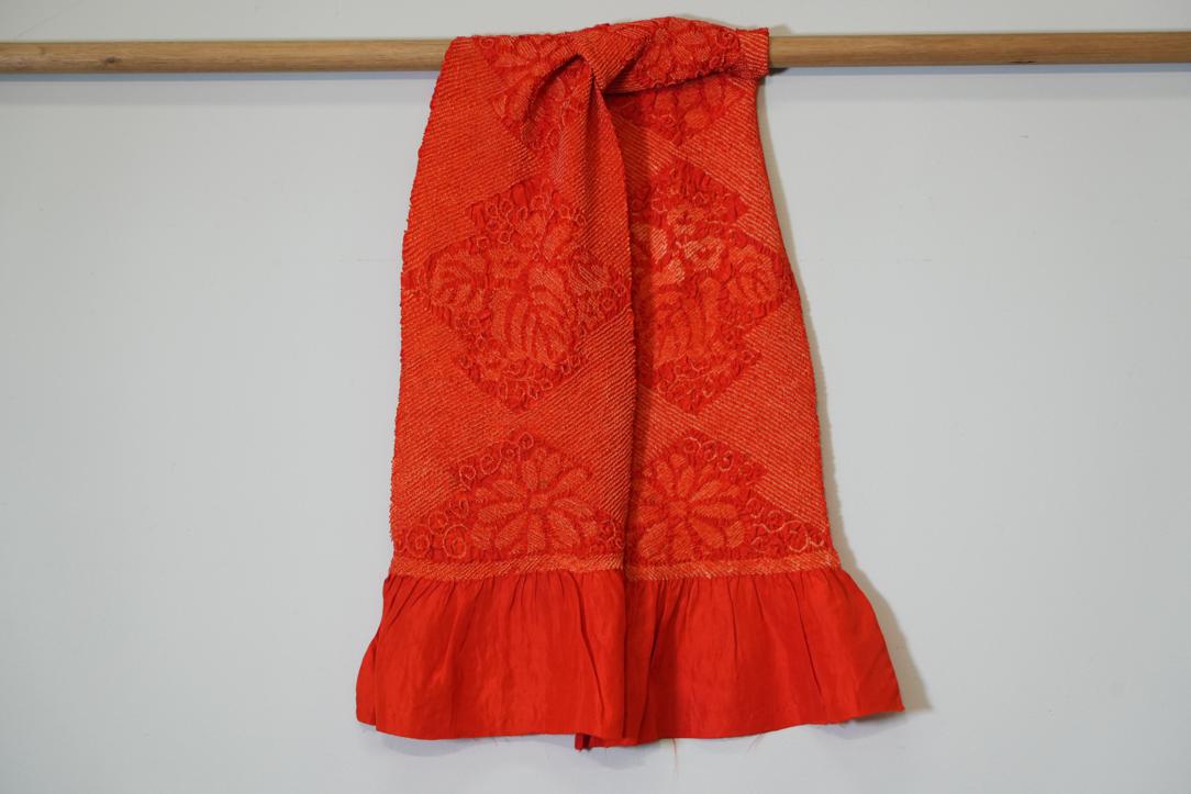 Vermilion Red Shibori Obiage Silk Sash Length:1350mm